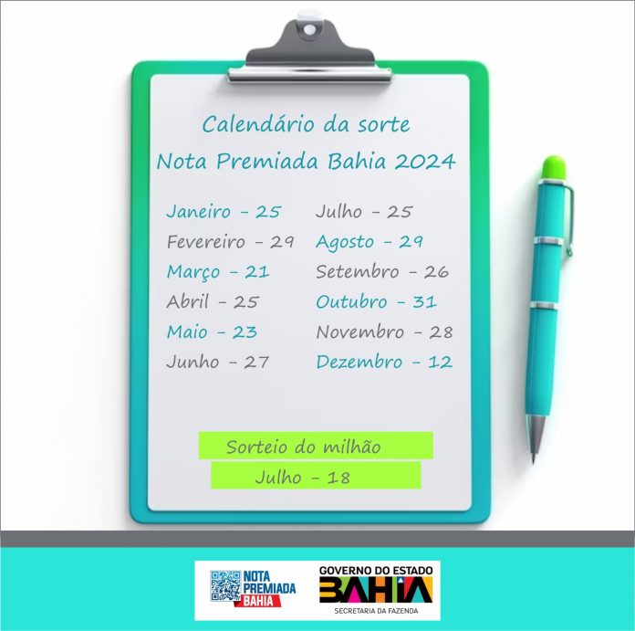 Divulgado calendário da sorte da Nota Premiada Bahia para 2024